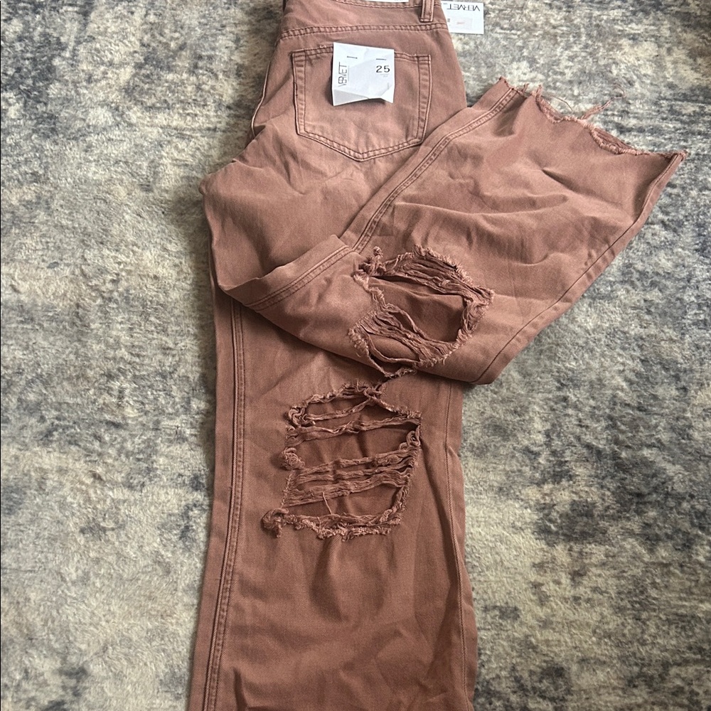 Wide Leg Distressed Jeans - Dusty Rose